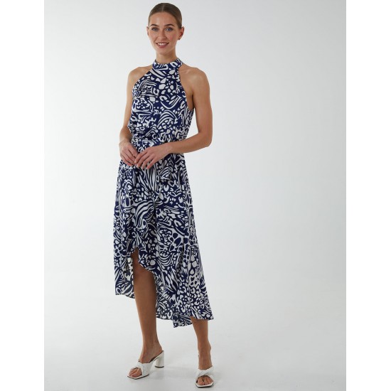 Abstract Print Halter Neck Midi Wrap Dress