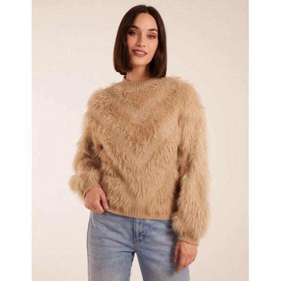 Fluffy Round Neck Cuff Sleeve Jumper